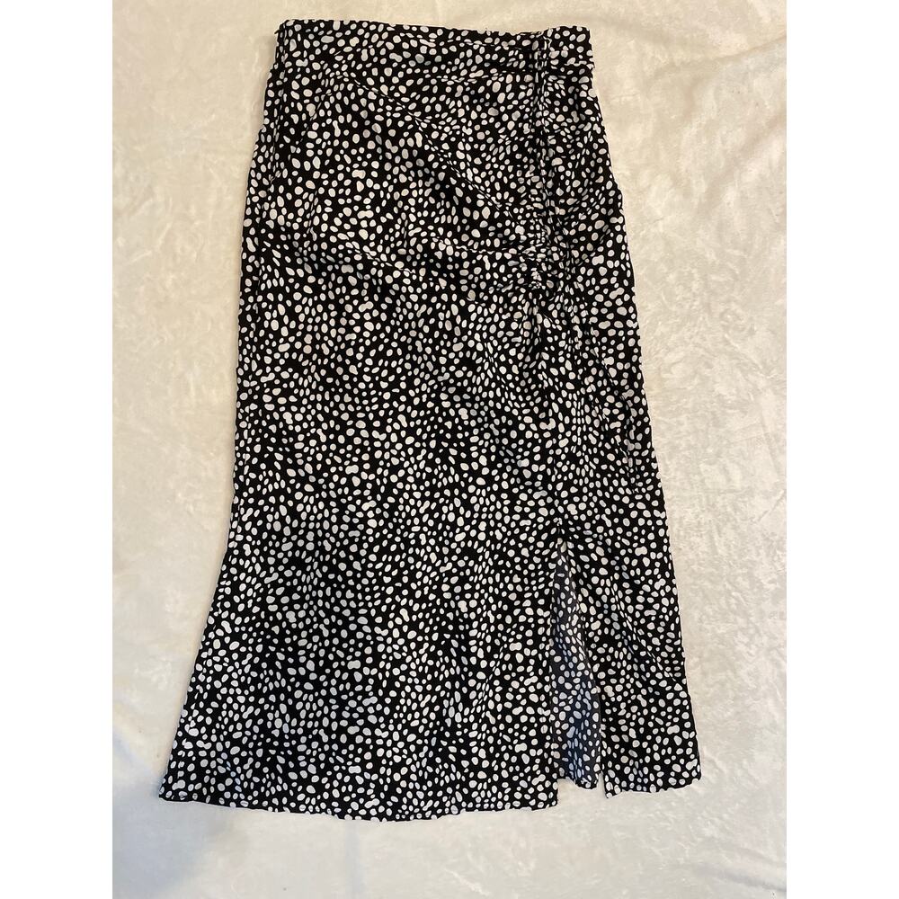 YOZY Polka Dot Print Midi Skirt Black White L Flowy Slit Dotted A-Line Side Tie